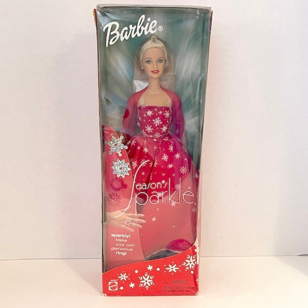 2001 Season's Sparkle Barbie Doll Sparkly Red Dress Necklace Ring #55198